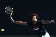 MELBOURNE, AUSTRALIA - JANUARY 12:  Jo-Wilfried Tsonga of France plays a forehand during a practice session ahead of the 2017 Australian Open at Melbourne Park on January 12, 2017 in Melbourne, Australia.  (Photo by Scott Barbour/Getty Images)